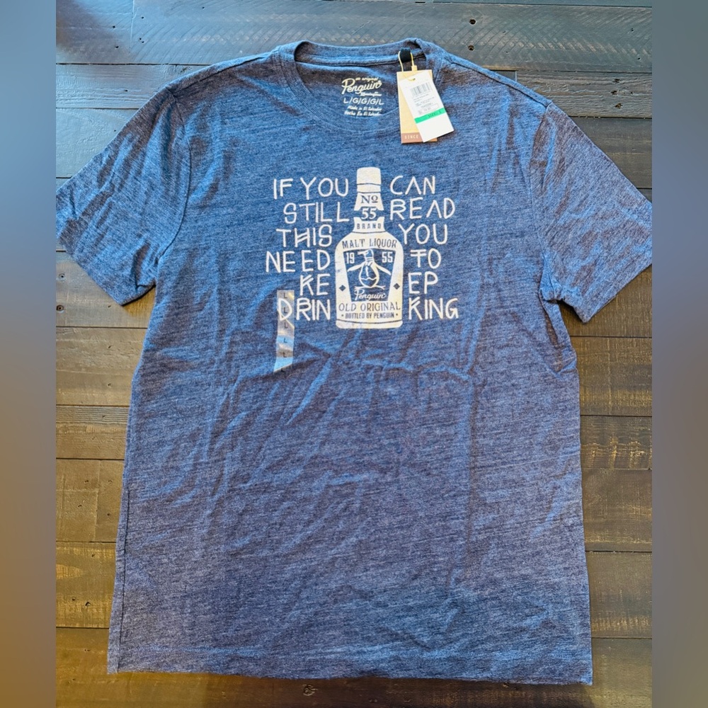 Original Penguin Blue Short-Sleeve Graphic Tee with White Bottle Print